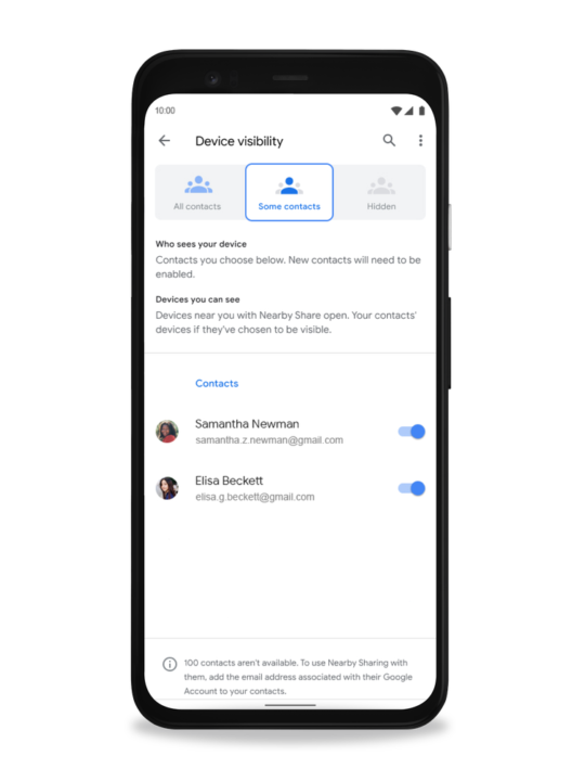 Nearby Share настройки за конфигуриране на видимост