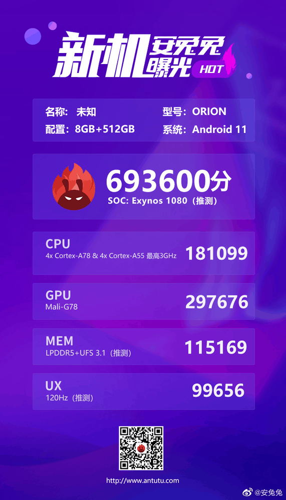 Exynos 1080 със 693600 в AnTuTu