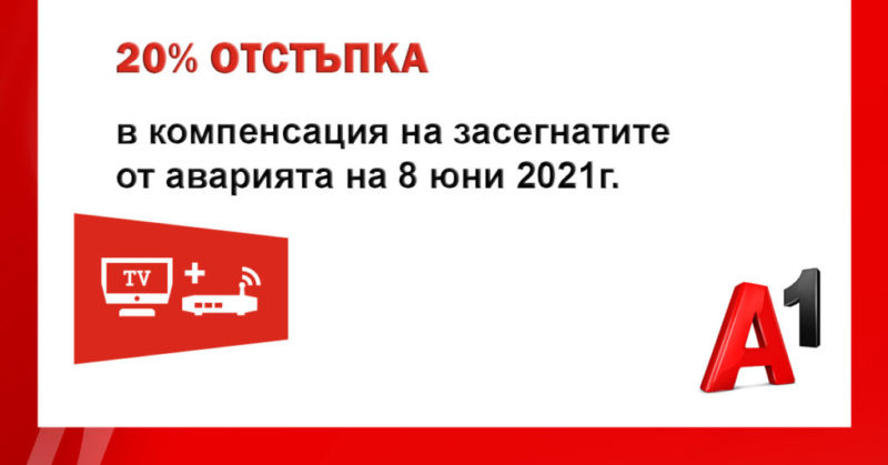 А1 предлага компенсация на всички засегнати абонати от вчерашната авария - 20% отстъпка от месечния им абонамент за домашен интернет и ТВ