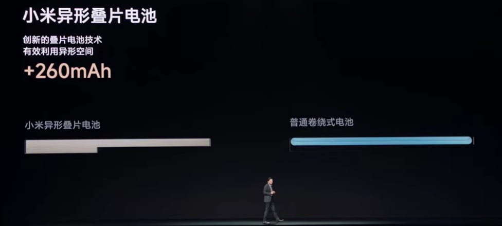 Батерията на Xiaomi Mix Fold 4 е от ново поколение с нетипична форма, което води до повишаване на капацитета с 260 mAh до 5100 mAh. Кадър от презентацията.