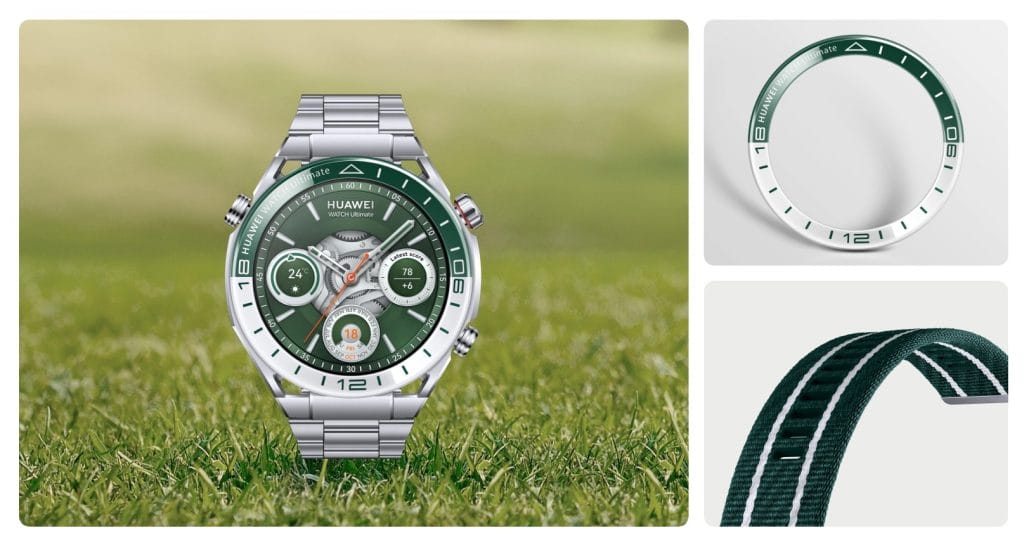 HUAWEI WATCH Ultimate Green Edition - двуцветен нанокерамичен панел - в бяло и зелено и зелено бяла текстилна каишка