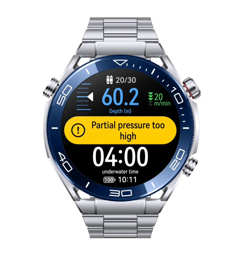 HUAWEI WATCH Ultimate Green Edition за водолази показатели като CEIL, OT+3 и +OD+5, за да можете да се потопите в дълбокото синьо море без тревога