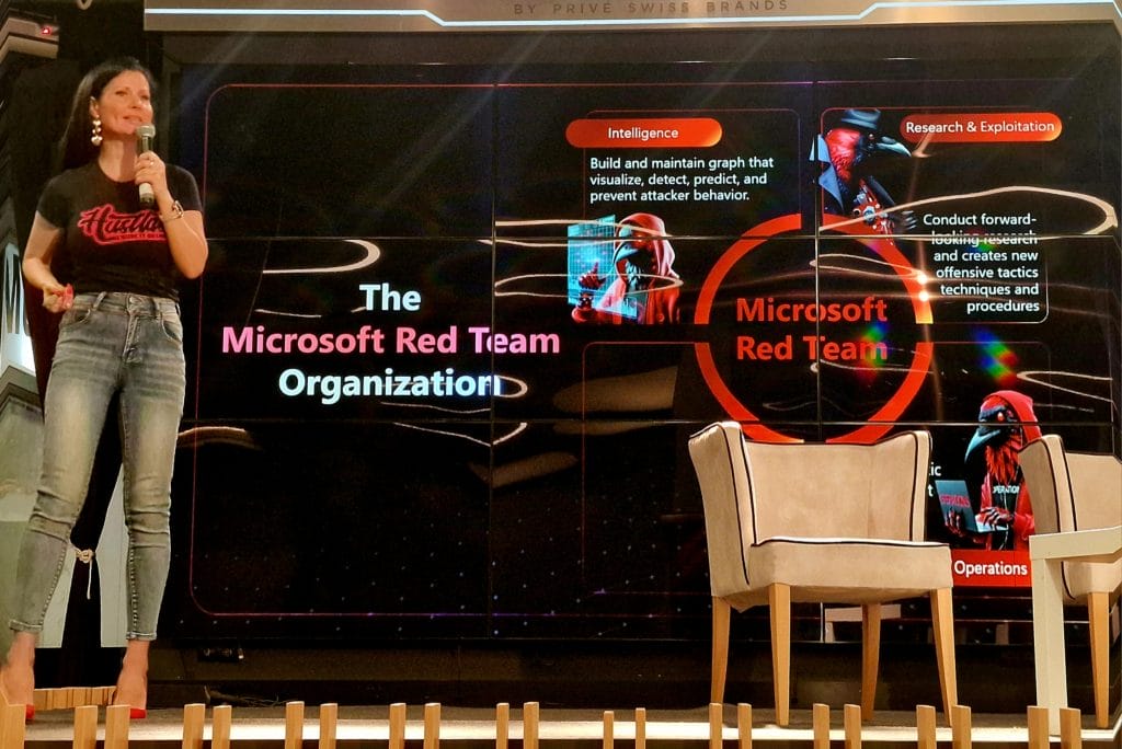 Eva Benn презентира на SheLeadsTech Sofia 2024 - за структурата на RED TEAM екипа на Microsoft