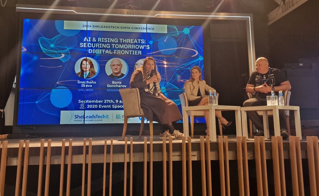 Дискусията на тема изкуствен интелект в киберсигурността с модератор Борис Гончаров, Chief Strategy Officer в AMATAS с участници: Снежана Илиева от PwC – Artificial intelligence и Мария Грозданова 