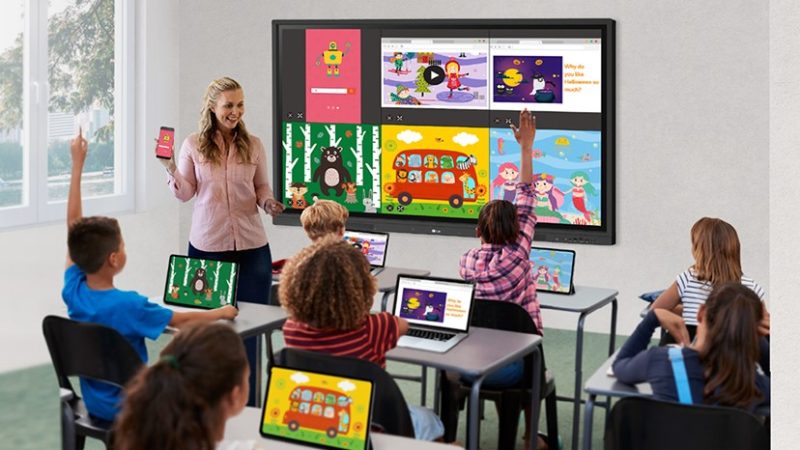 С интерактивните дисплеи LG CREATEBOARD класните стаи се пренасят в бъдещето с оптимизиран учебен процес и ново ниво на взаимодействие между учители и ученици. Той предлага разнообразие от образователни шаблони и инструменти за преподаване, като линийка, таблица и лепящи се бележки, което позволява активно участие на учениците в интуитивни уроци.