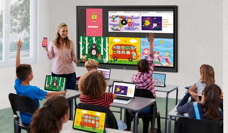 С интерактивните дисплеи LG CREATEBOARD класните стаи се пренасят в бъдещето с оптимизиран учебен процес и ново ниво на взаимодействие между учители и ученици. Той предлага разнообразие от образователни шаблони и инструменти за преподаване, като линийка, таблица и лепящи се бележки, което позволява активно участие на учениците в интуитивни уроци.