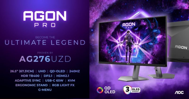 AGON PRO AG276UZD: QD-OLED монитор с 26.5", 4K UHD резолюция, 240 Hz опресняване, 0.03ms време за реакция и 1000 нита HDR яркост за върховно гейминг изживяване.