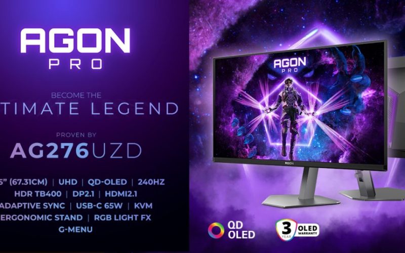 AGON PRO AG276UZD: QD-OLED монитор с 26.5", 4K UHD резолюция, 240 Hz опресняване, 0.03ms време за реакция и 1000 нита HDR яркост за върховно гейминг изживяване.