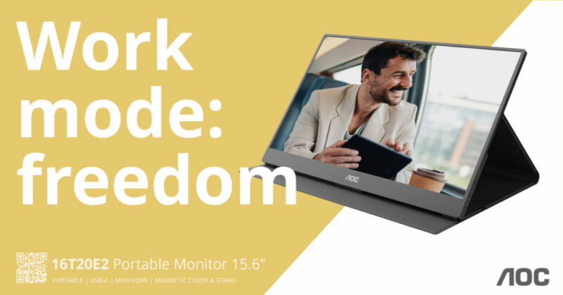 AOC 16T20E2 е нов преносим монитор с 15,6-инчов Full HD IPS панел, USB-C, Mini HDMI и ултратънък дизайн за работа отвсякъде.